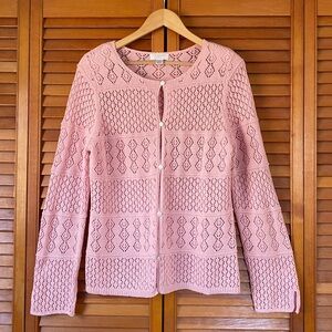 Vintage Christopher & Banks Cardigan Women's Size Large Crochet Pink Button Up